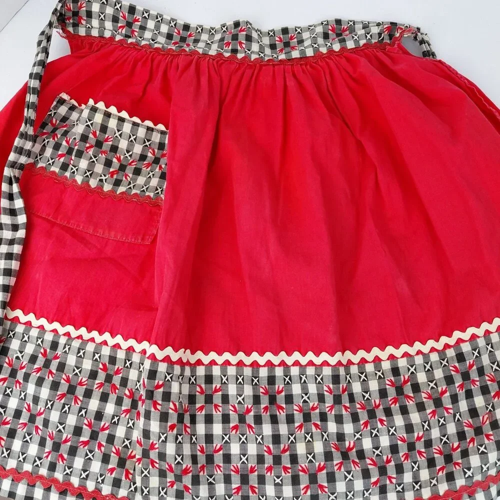 Handmade Half Apron Vt 50/60's Cotton Red White Black Embroidered Fabric